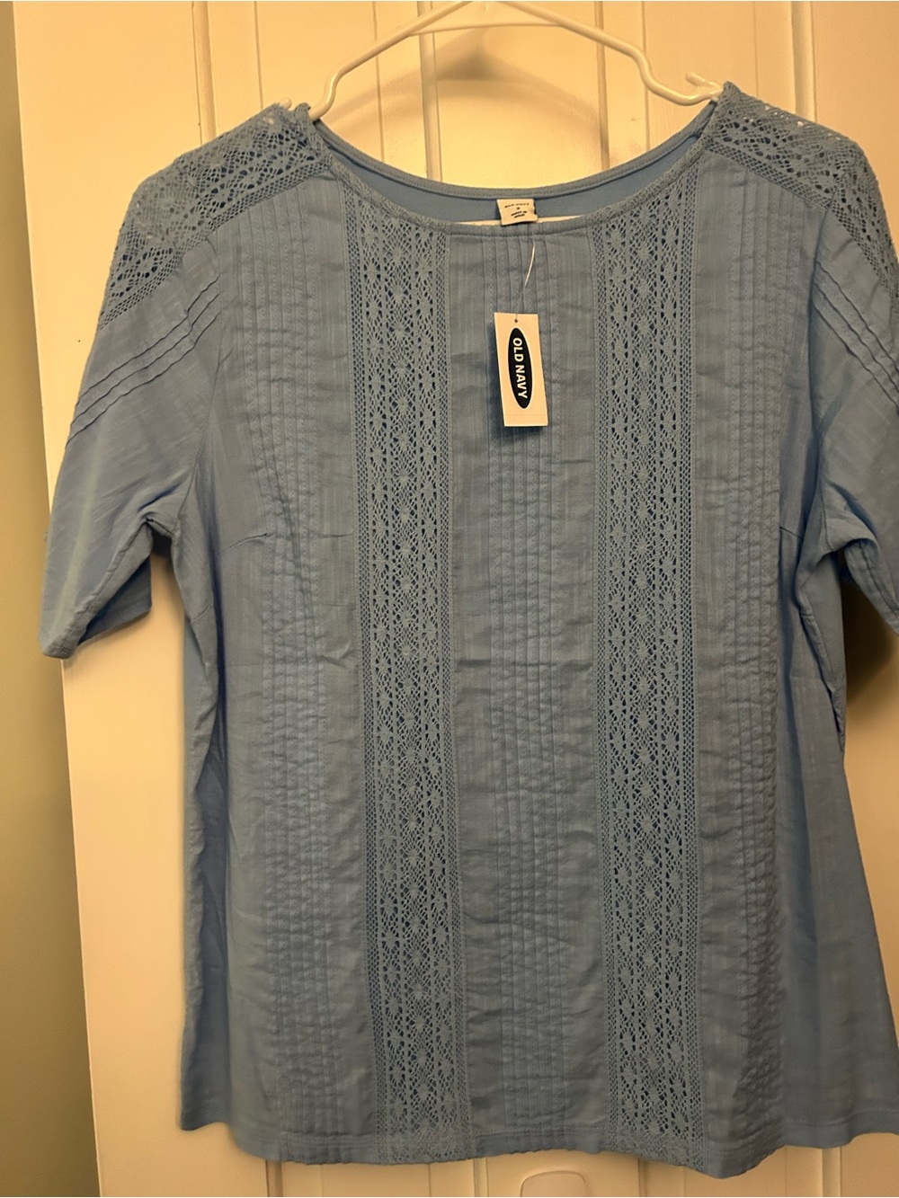 Old Navy Light Blue Crochet Panel Short-Sleeve Top